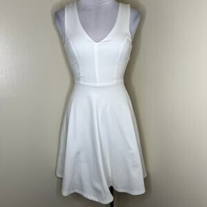 Lulus Bon Appetit Skater Dress XS White Fit & Flare A-Line V-Neck Ponte Chic New